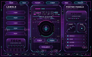 Fototapeta premium Neon purple and cyan tech poster panel kit with futuristic labels, central circular HUD target, charts, modular tags, and dark cyber grid.