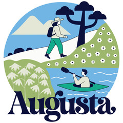 Fototapeta premium Augusta Western Australia Travel Vector Illustration - Hiking and Kayaking Outdoor Adventure Badge with Scenic Nature, River, Wildflowers and Mountains