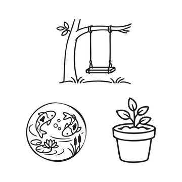 Minimalist Nature Relaxation Icon Set Vector.featuring outdoor relaxation elements including tree swing, koi fish pond, and potted plant.