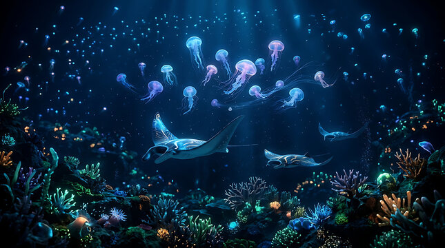 A Vibrant Underwater Ecosystem Celebrating World Oceans Day with Jellyfish and Manta Rays