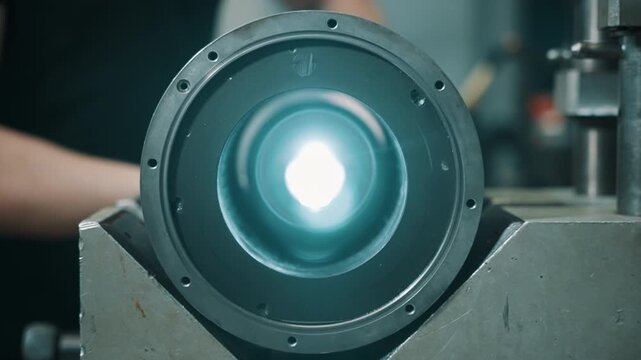 Close-up of a cylindrical metal component clamped in a machining fixture, with a circular bore and perforated rim illuminated by a bright inspection light during precision industrial engineering