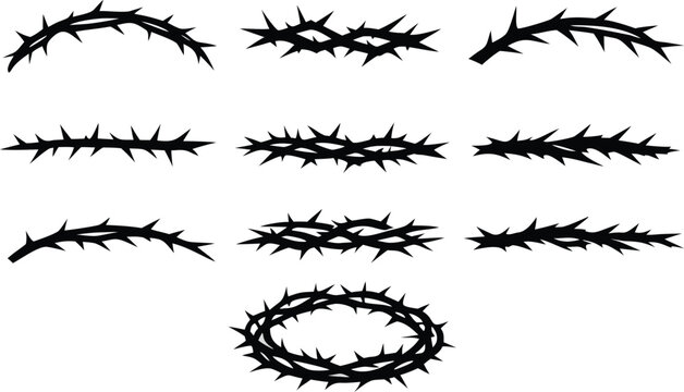 Versatile set of thorny branch silhouettes and prickly vine designs suitable for crown of thorns or organic natural themes, presented in a clean and modern flat vector illustration style.