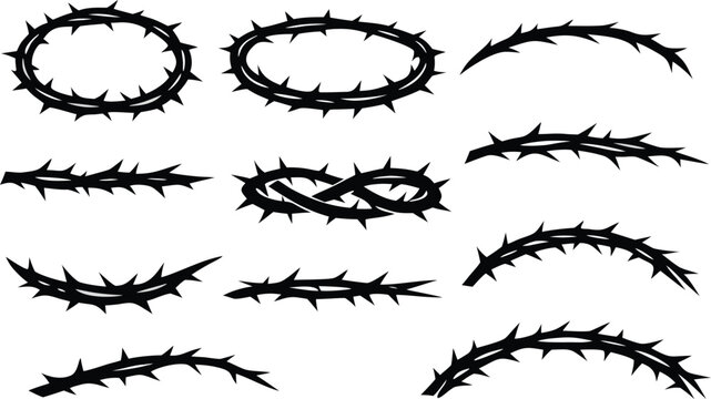 Detailed collection of thorny branch silhouettes for crown of thorns or natural rustic designs, featuring sharp spikes and organic vine shapes in a simple flat vector illustration style.