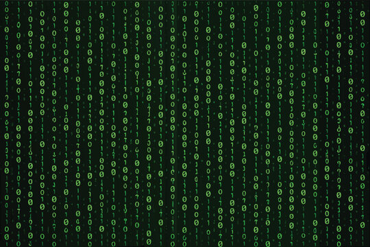 High tech digital matrix background with dense green binary code streaming down on a dark black surface, simple flat vector illustration ideal for cybersecurity, coding, and software development