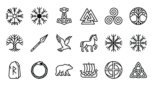 Detailed set of 16 Viking and Norse symbol line icons in minimalist vector style, uniform stroke width, featuring ancient mythology signs, runes, and cultural emblems in a clean organized grid.