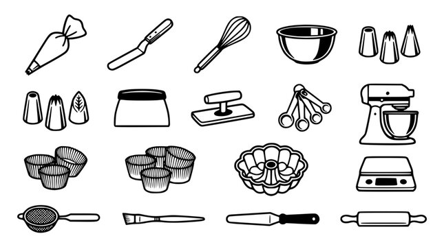 Vector illustration of various baking tools and equipment in black