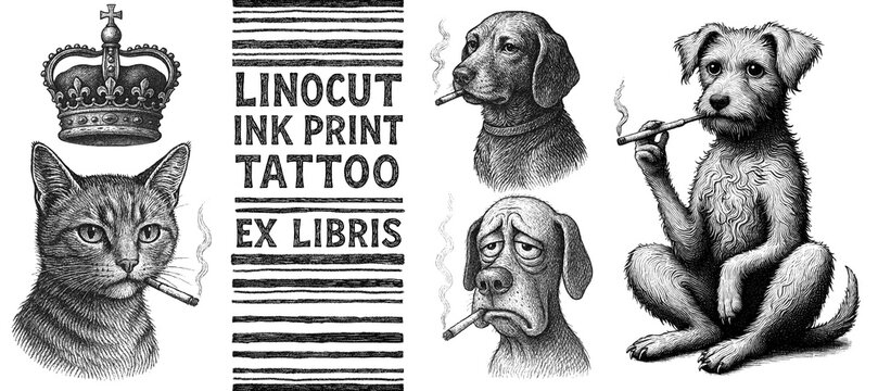 Dog, cat, crown, cigarette, a bad habit, tattoo, print, linocut stamp, ex libris, ink