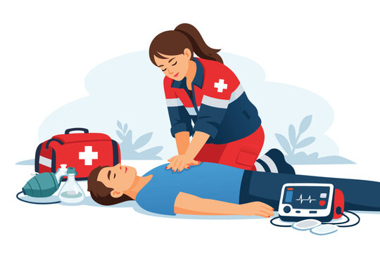 Professional female paramedic performing emergency CPR and chest compressions on a patient during an urgent life-saving resuscitation procedure, medical first aid help flat vector illustration.