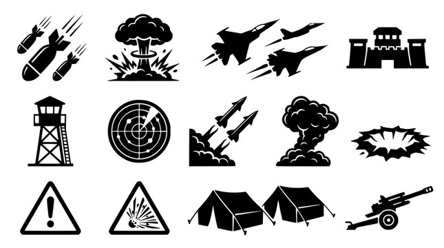 Black and white vector graphic illustration of military symbols icons