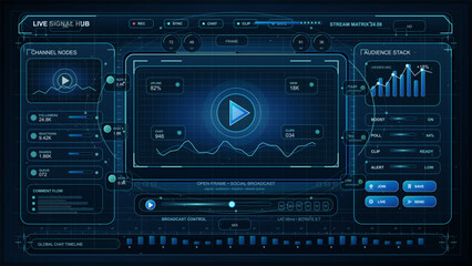 Fototapeta premium Futuristic live signal hub HUD with central play screen, channel nodes, audience charts, broadcast controls, and blue streaming interface