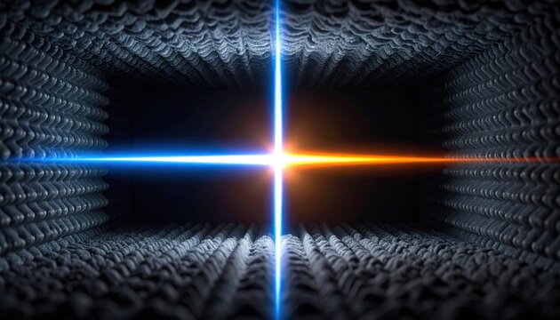 Bright Blue and Orange Light Beams Converging in a Stark, Textured Tunnel