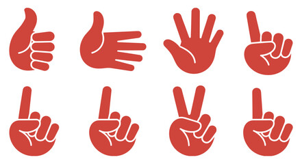 Fototapeta premium Set of Hand Gestures: A collection of red hand icons illustrating various gestures. icon collection, hand sign, gesture variety, communication symbol.