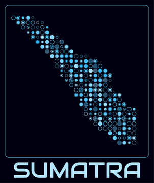 Sumatra digital style map. Large circle dots on dark background. Dotted shape of the island. Sumatra map and title. Awesome vector illustration.
