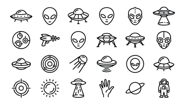 Sci-Fi Alien and UFO Space Exploration Line Icon Collection with Extraterrestrial Beings, Flying Saucers, Planets, Rocket Ships, and Cosmic Symbols for Science Fiction and Mystery Designs.