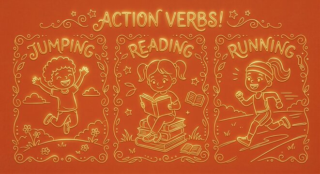 Kids action verbs concept with jumping, reading and running