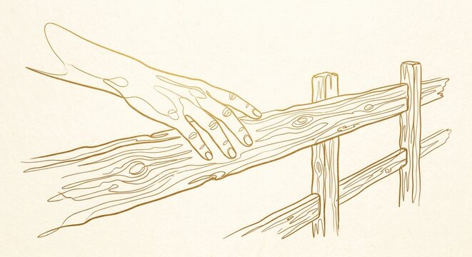 Hand touching wooden fence, rustic background, illustration