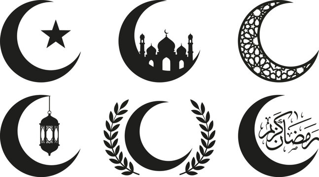 Islamic crescent moon silhouette icons set with mosque, star, lantern, and Ramadan Kareem Arabic calligraphy, isolated vector elements