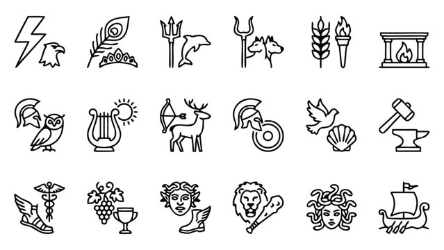 Professional Set of 18 Greek Mythology and God Line Icons with Minimalist Vector Outlines representing Zeus, Poseidon, Athena, Ancient Temples, Lyres, Laurel Wreaths, and Classical Symbols