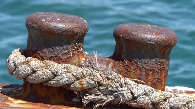 Close-up of a rusty bollard with a thick rope tied to it.