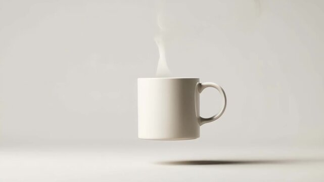 White mug is levitating in the air, releasing a swirling stream of brown smoke against a minimalist white backdrop, creating a captivating visual