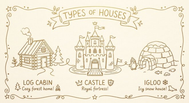 Types of houses, log cabin, castle, igloo, architecture, dwellings