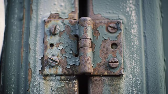 Close-up of a Rusty Old Door Hinge with Peeling Paint.