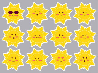 Fototapeta premium Set of cute sun stickers with different emotions and white outline, perfect for children’s designs, planners, scrapbooking, weather icons and playful summer branding