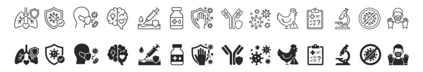 Obraz premium Set of healthcare and medical icons related to virus protection, vaccination, brain health, immune system, and microbiology research on transparent background