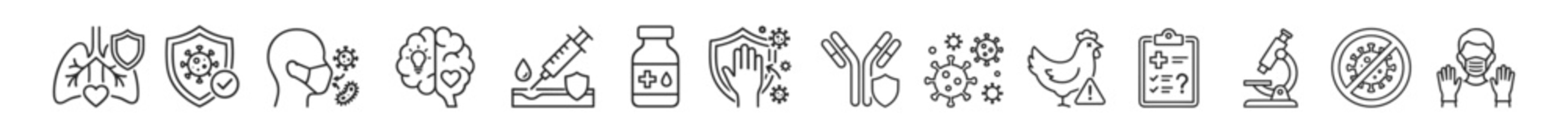 Set of medical and health icons including lungs protection, virus shield, face mask, brain health, vaccine injection, medication bottle, hand hygiene, antibodies
