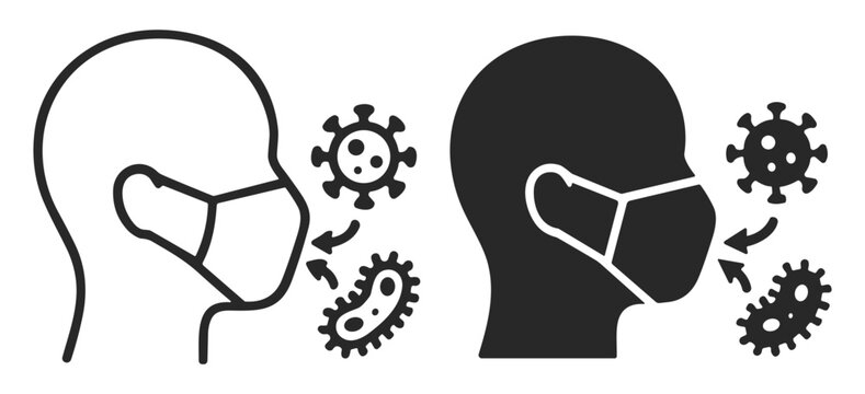 Black and white icon of a person wearing a face mask protecting against viruses and bacteria on transparent background