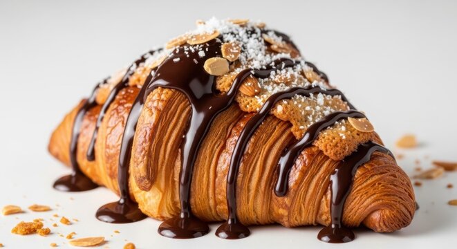 A delicious chocolate croissant covered in melted chocolate and sprinkled with almonds and powdered sugar sits on a white surface