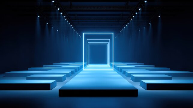 Empty elevated runway stage illuminated by cool blue neon geometric shapes and overhead spotlights
