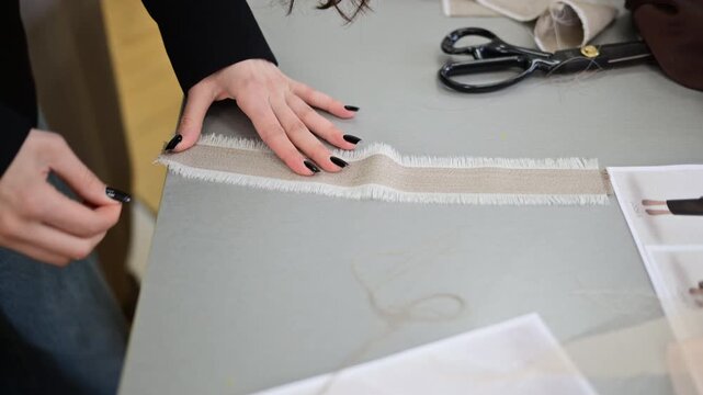 Hands measuring and aligning fabric strips on a design table, preparing materials for garment construction