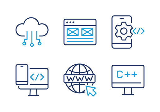 Cloud Services and C++ Programming thin line icon set. Minimal web icons