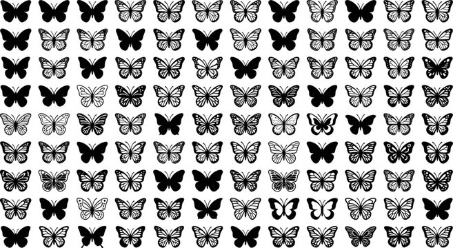 Black and White Butterfly Icon Mega Set Featuring Various Silhouette and Detailed Pattern Wings for Tattoos Logos and Craft Designs