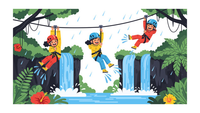 Jungle Zip-line Adventure: Three children experience the thrill of zip-lining through a lush jungle canopy, with majestic waterfalls cascading below, creating a vibrant and exciting adventure.