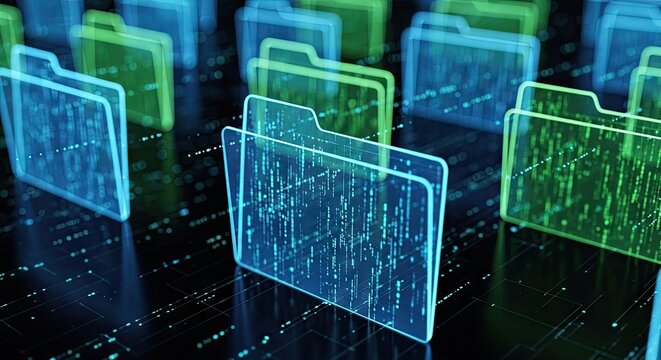Abstract digital data file folders displayed on dark surface technology concept