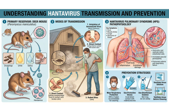 Comprehensive medical infographic explaining hantavirus transmission steps with deer mouse hosts lung pathophysiology details and residential prevention guidelines
