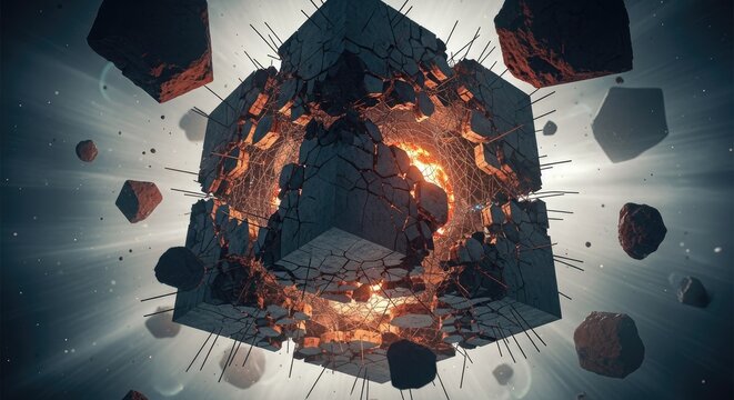 Abstract explosion of a geometric cube with glowing core and floating debris