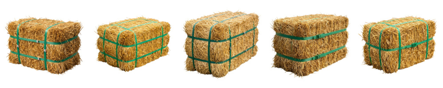 Bales of Dried Hay Tied with Green Plastic Straps Isolated on White Background for Agriculture, Farming, and Livestock Feed Marketing - High-Quality Stock