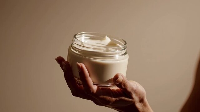 Close up of a woman's hand gently holding a jar of rich cream or face mask, emphasizing skincare, beauty, and self care rituals against a neutral background