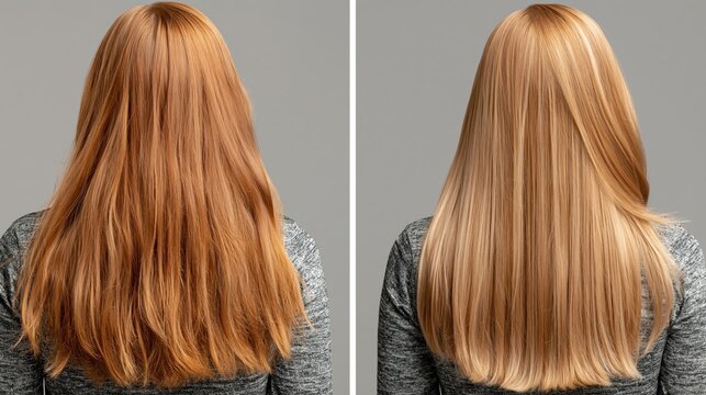 Before and after hair care split screen of woman with damaged and smooth hair