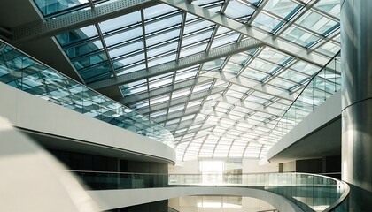 Fototapeta premium The interior of a modern building featuring a multi-level atrium with a striking glass and steel geometric ceiling, reflecting natural light and