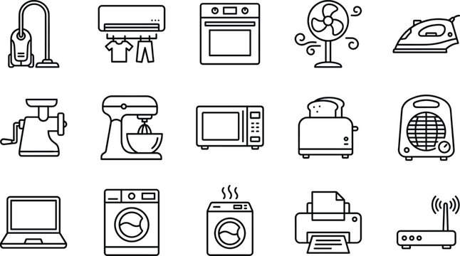 Home appliance icons outline set, household electronics collection, kitchen laundry cleaning devices, smart home equipment, minimalist vector illustration