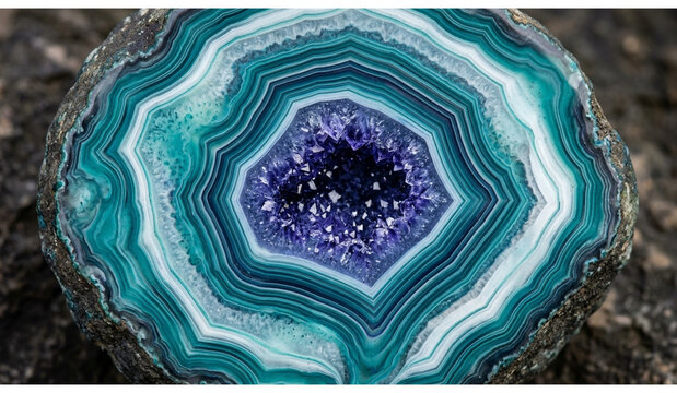 Purple amethyst geode cross-section with blue and green layers
