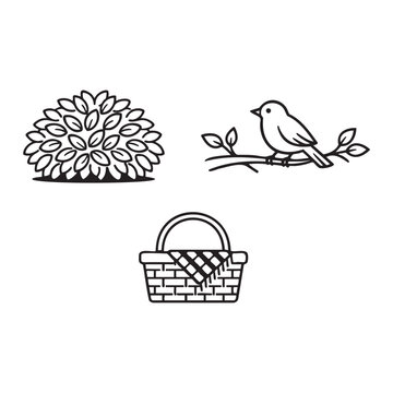 Minimalist Picnic Nature Icon Set Vector. featuring outdoor picnic elements including bush, bird on branch, and woven basket.