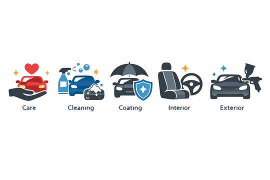 Premium Car Detailing Icon Set Featuring Professional Auto Care, Cleaning, Protective Coating, Interior and Exterior Maintenance Services for Automotive Workshop Branding Vector Illustration