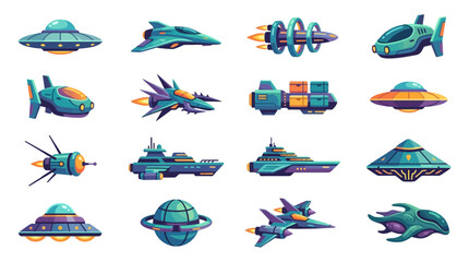 Collection of diverse futuristic alien spacecraft and flying saucers. © Zadar