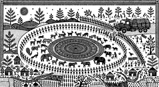 Warli folk art vector illustration showing a community protecting wildlife and nature from an encroaching logging truck, symbolizing forest conservation, environmental activism, and unity.