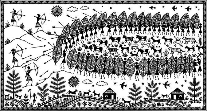 Warli folk art vector illustration showing a community defending forest and wildlife against attackers, symbolizing environmental activism, protection of nature, and forest conservation efforts.